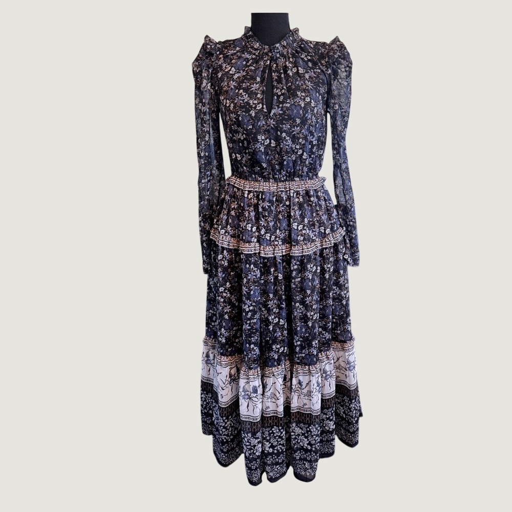 Antonio Melani Size 2 Floral Tiered Maxi Dress Boho Ruffle Long Sleeve